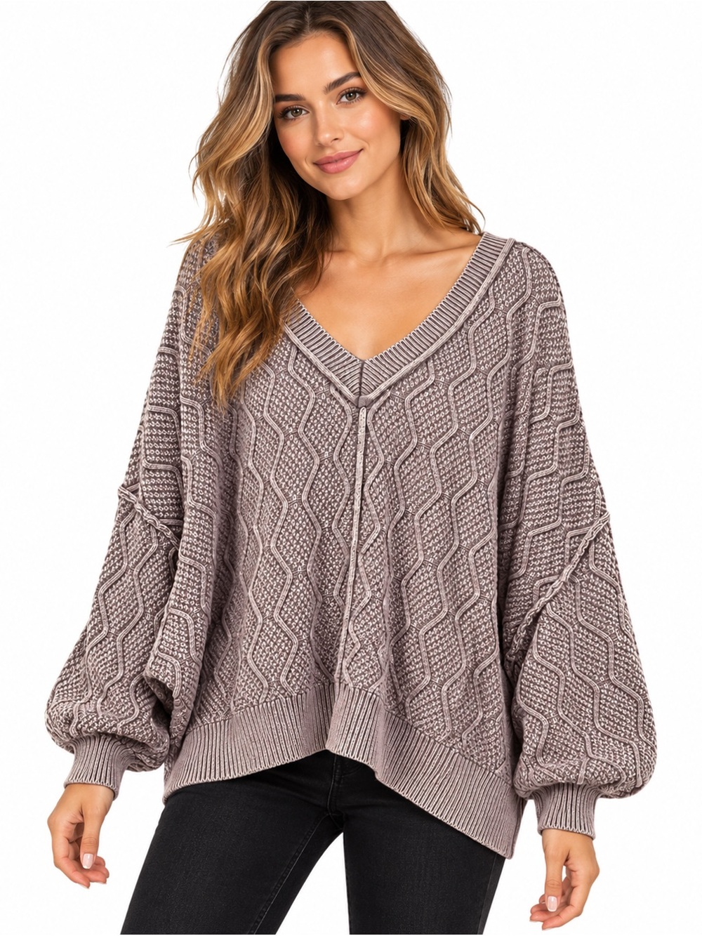 POL Clothing Oversized Chevron Cable Knit V Neck Sweater Purple Gray L